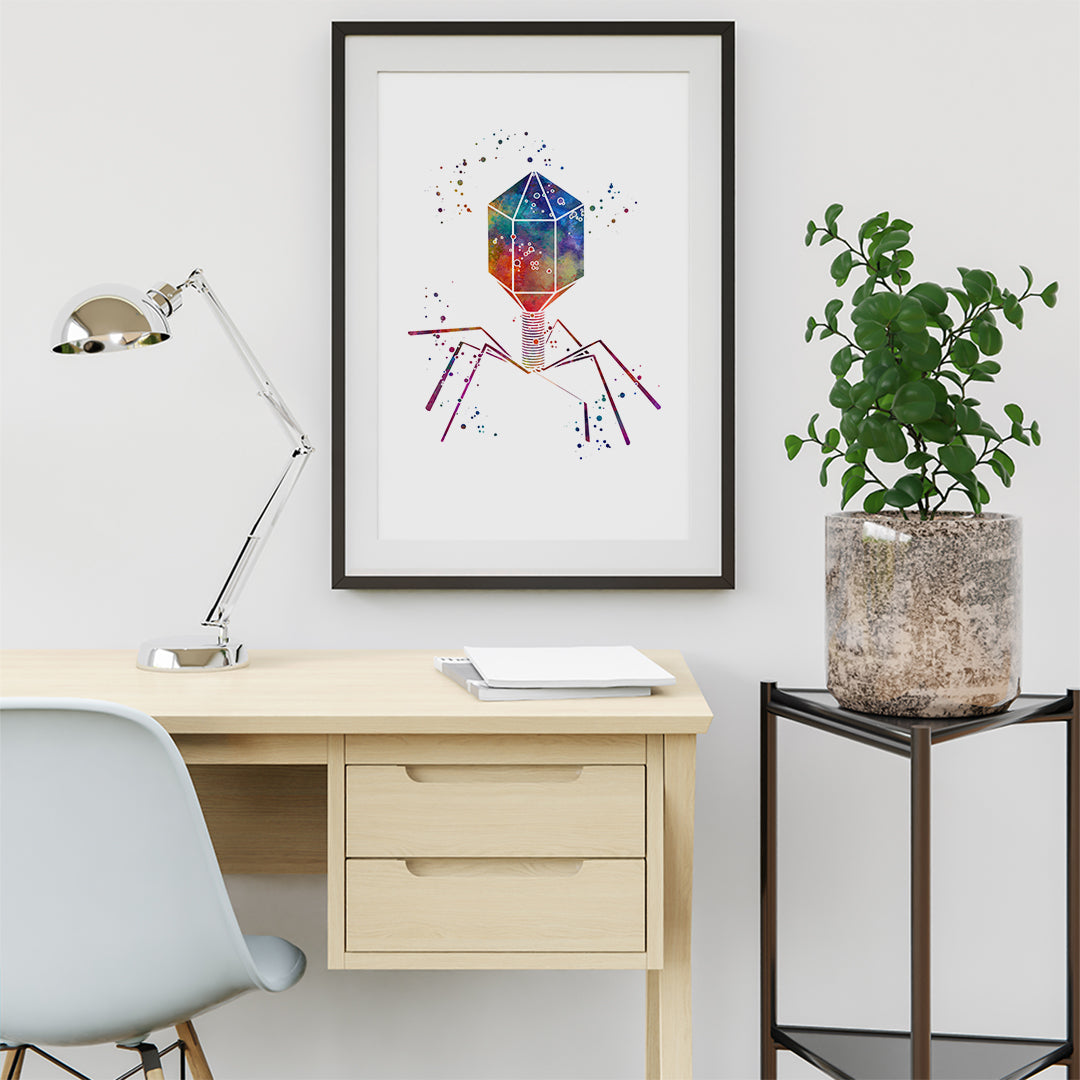 Science-inspired bacteriophage virus print, a creative addition to microbiology labs or classroom decor.