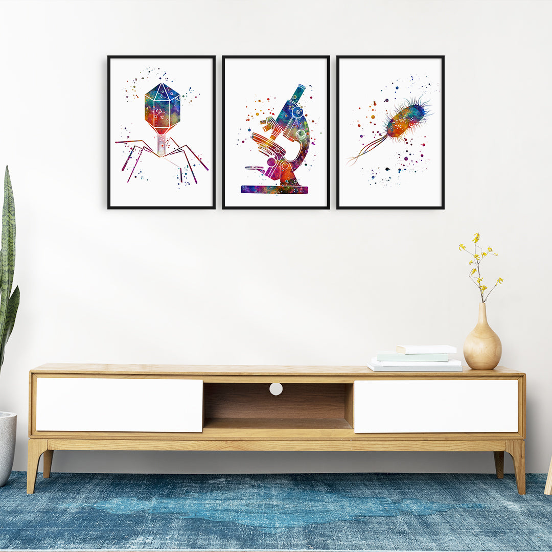 Set of 3 microbiology watercolor prints, featuring virus, microscope, and Escherichia coli illustrations