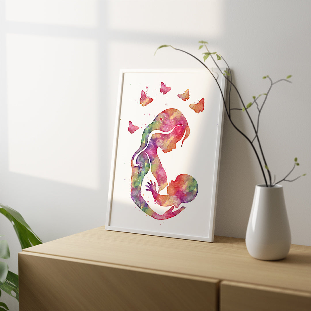 Mother and Baby Breastfeeding Silhouette Watercolor Art Print