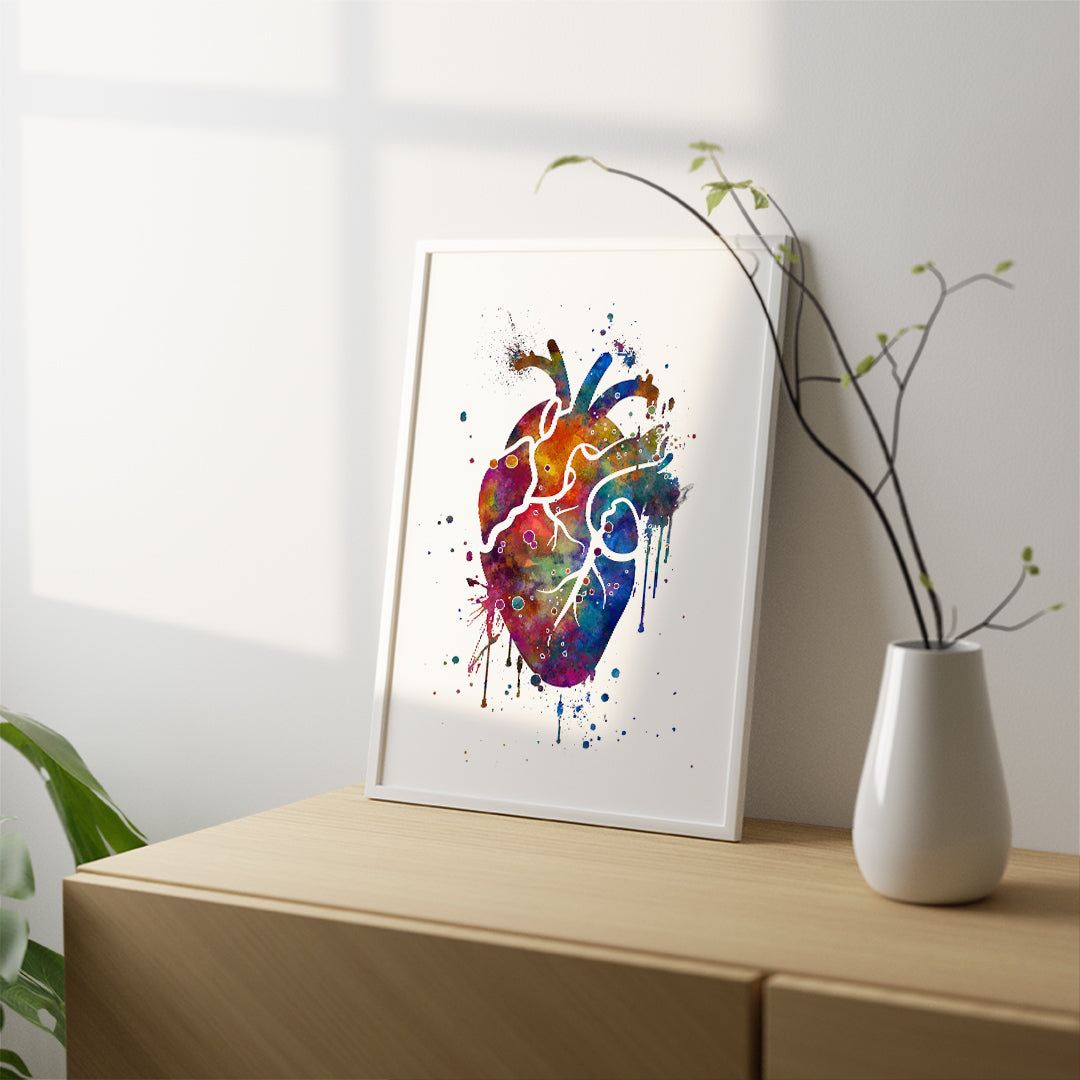 Vibrant watercolor human heart print on high-quality textured paper, perfect for healthcare professionals or medical decor.