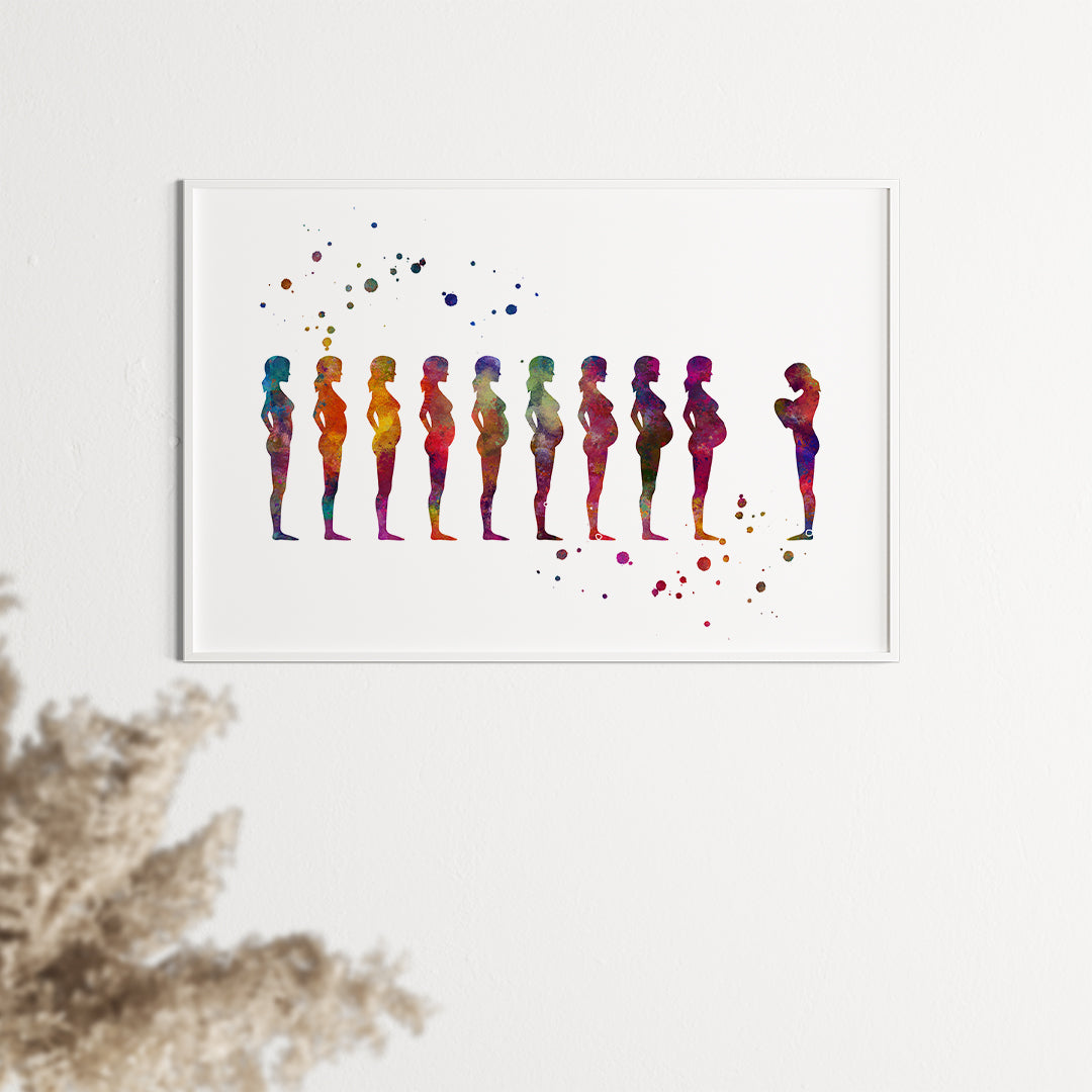 Multicolored watercolor art print depicting stages of pregnancy, printed on high-quality textured paper, ideal for prenatal care and maternity decor.