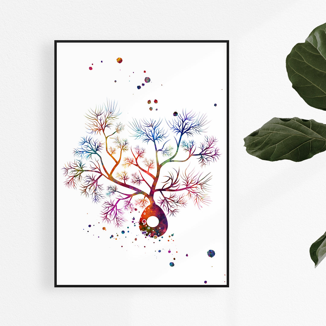 Purkinje Neuron Cell Watercolor Print, vibrant neuroscience art perfect for medical offices and brain research centers