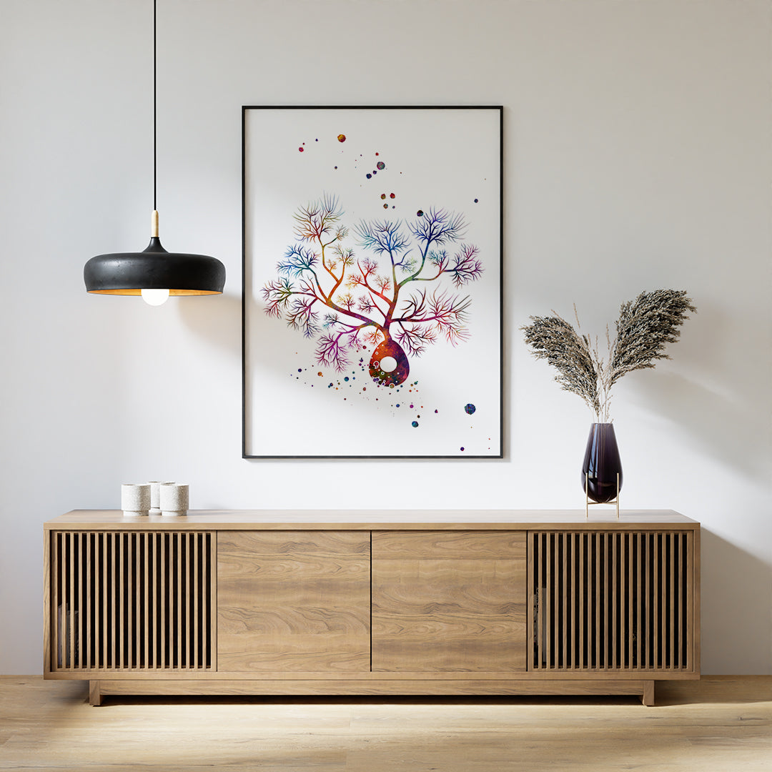 Detailed Purkinje Neuron Cell Art, a colorful watercolor print for neuroscience enthusiasts and clinic decor