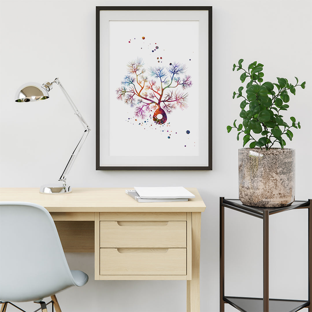 Unique watercolor artwork of Purkinje Neuron Cell, ideal for decorating labs, universities, or medical facilities