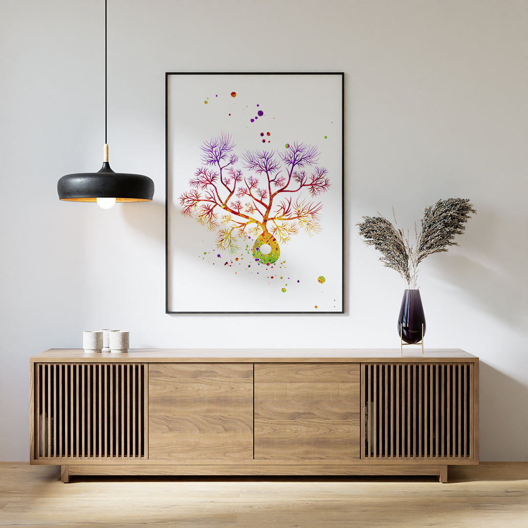 Neuroscience Art featuring Purkinje Neuron in vibrant watercolor, ideal for clinic decor or academic settings