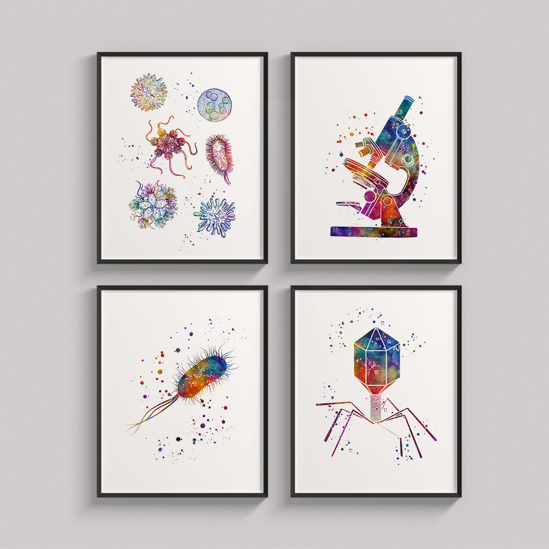 Microbiology Art Set of 4 Watercolor Prints, vibrant science-themed decor for labs and medical offices