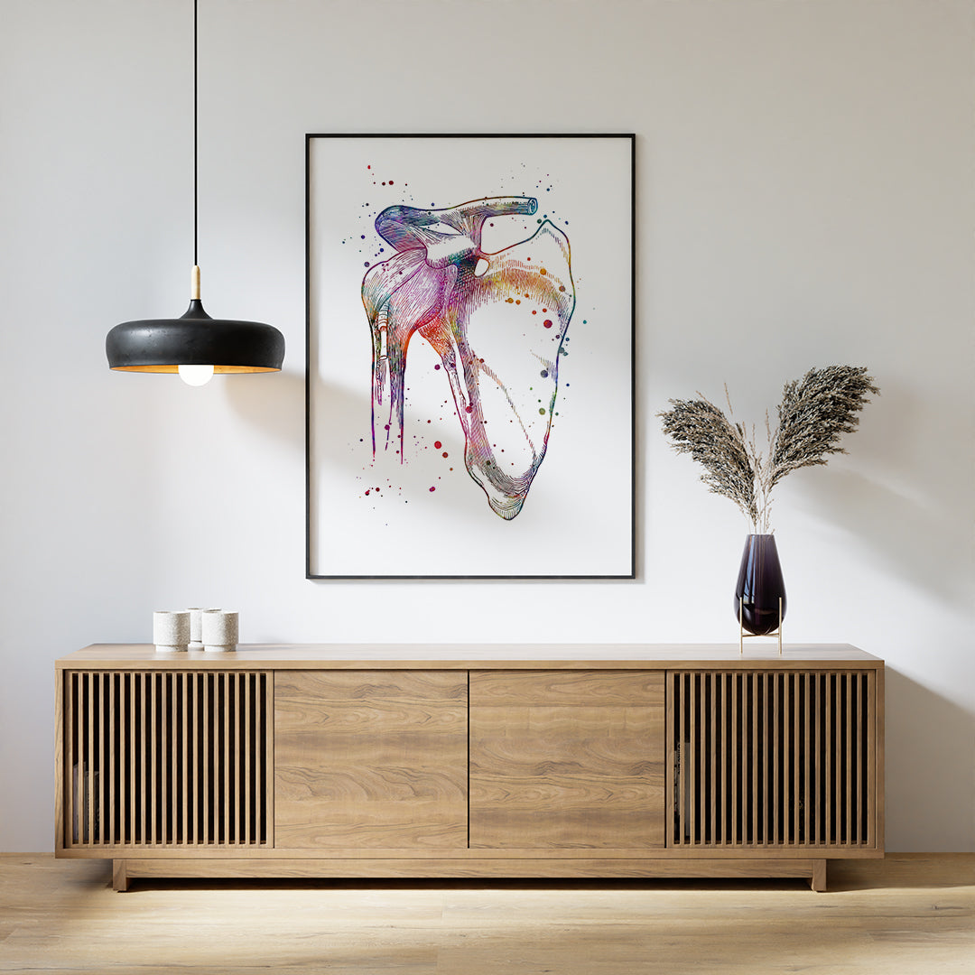 Anatomical shoulder joint watercolor art, ideal physiotherapist gift or clinic decor.