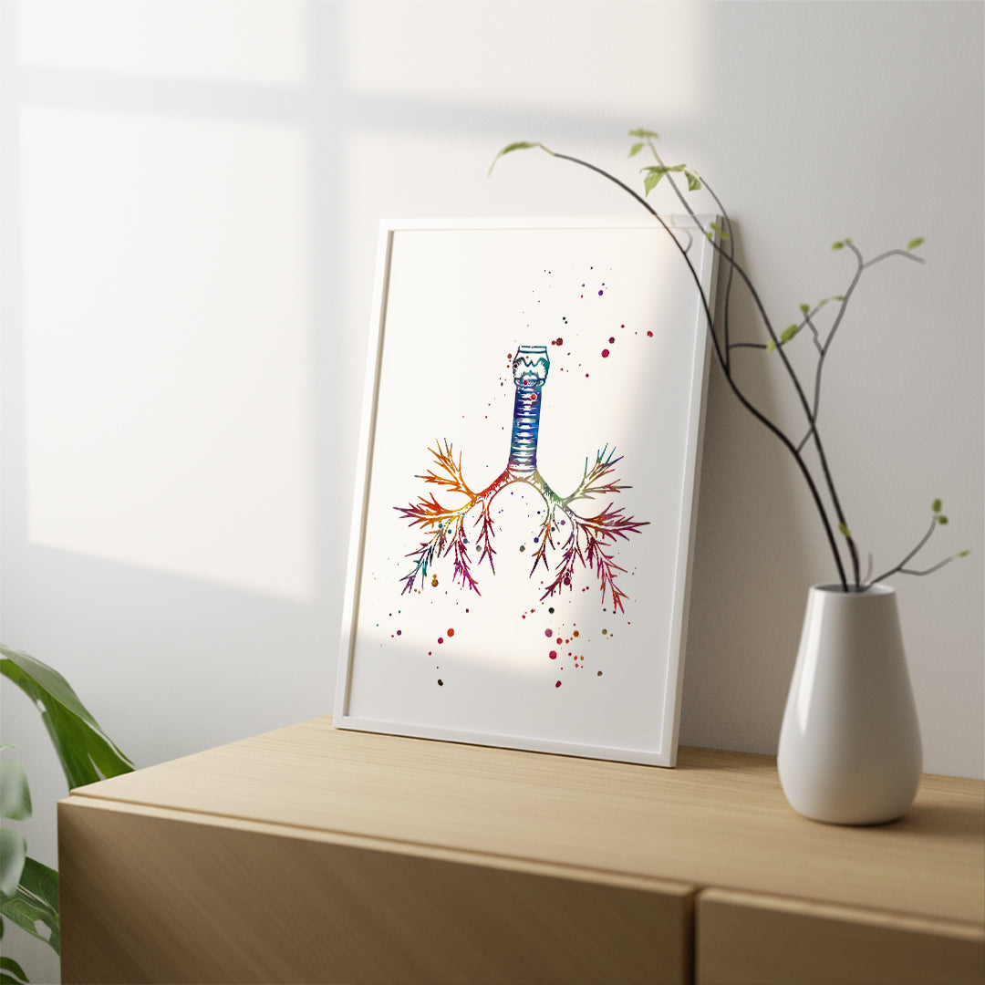 Detailed watercolor art of trachea anatomy, a unique addition to pulmonology offices or medical school decor