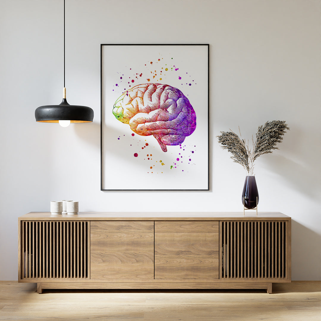 Vibrant human brain anatomy print with watercolor details, ideal for neurology decor or educational spaces.