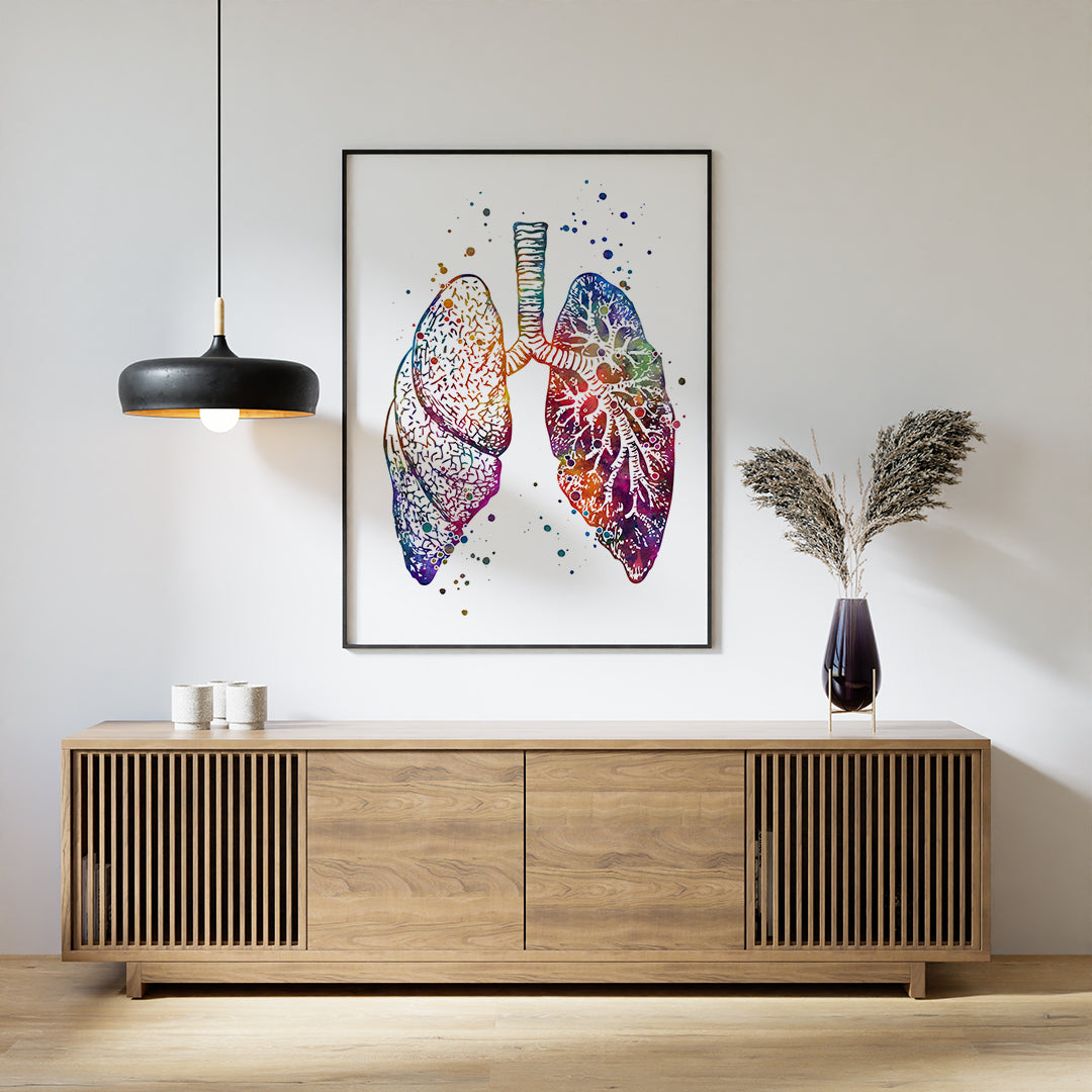 Detailed watercolor lungs anatomy art, ideal for medical office decor in pulmonology or respiratory health centers