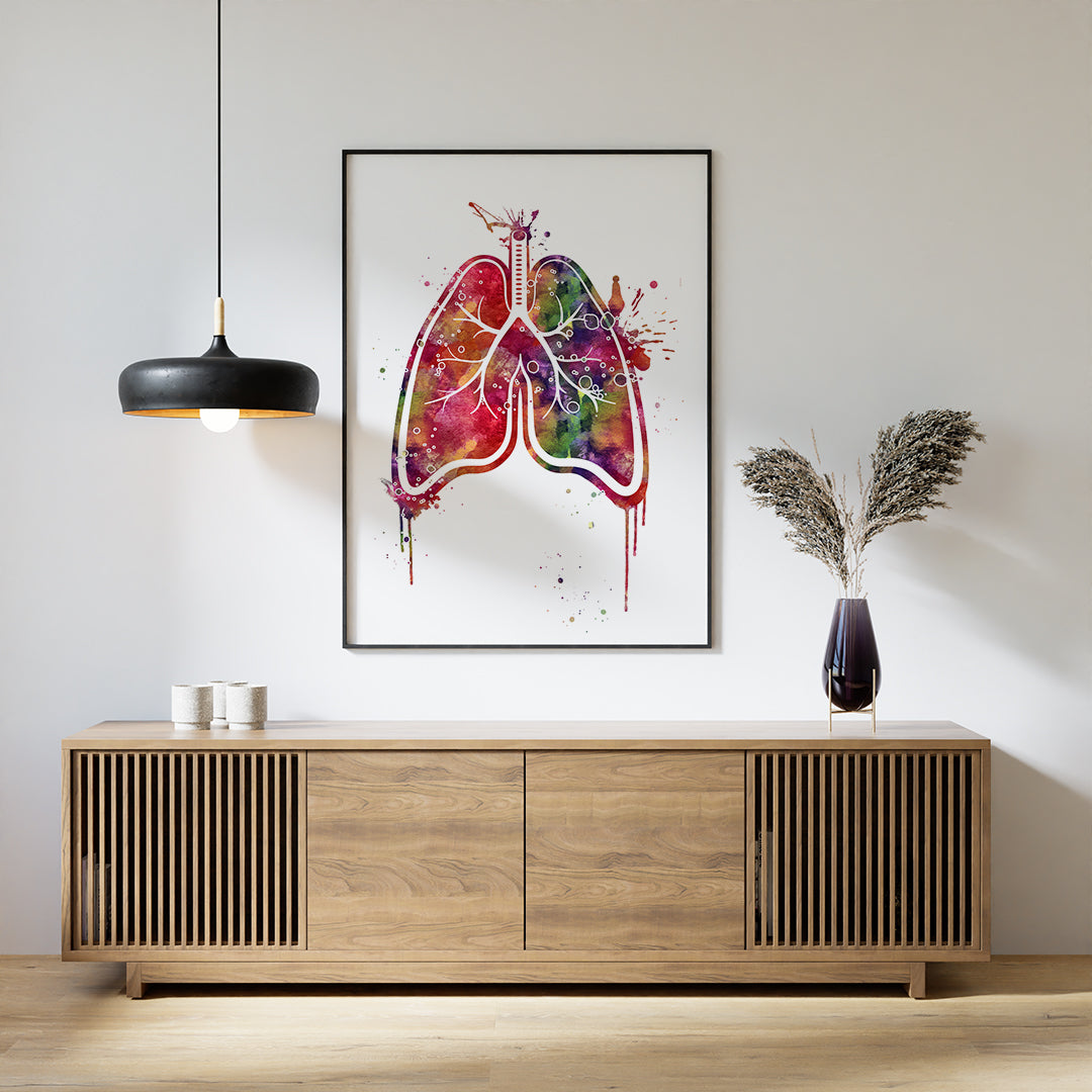 Beautiful splash watercolor art of human lungs, perfect for medical office or clinic decor, combining anatomy with vivid artistry