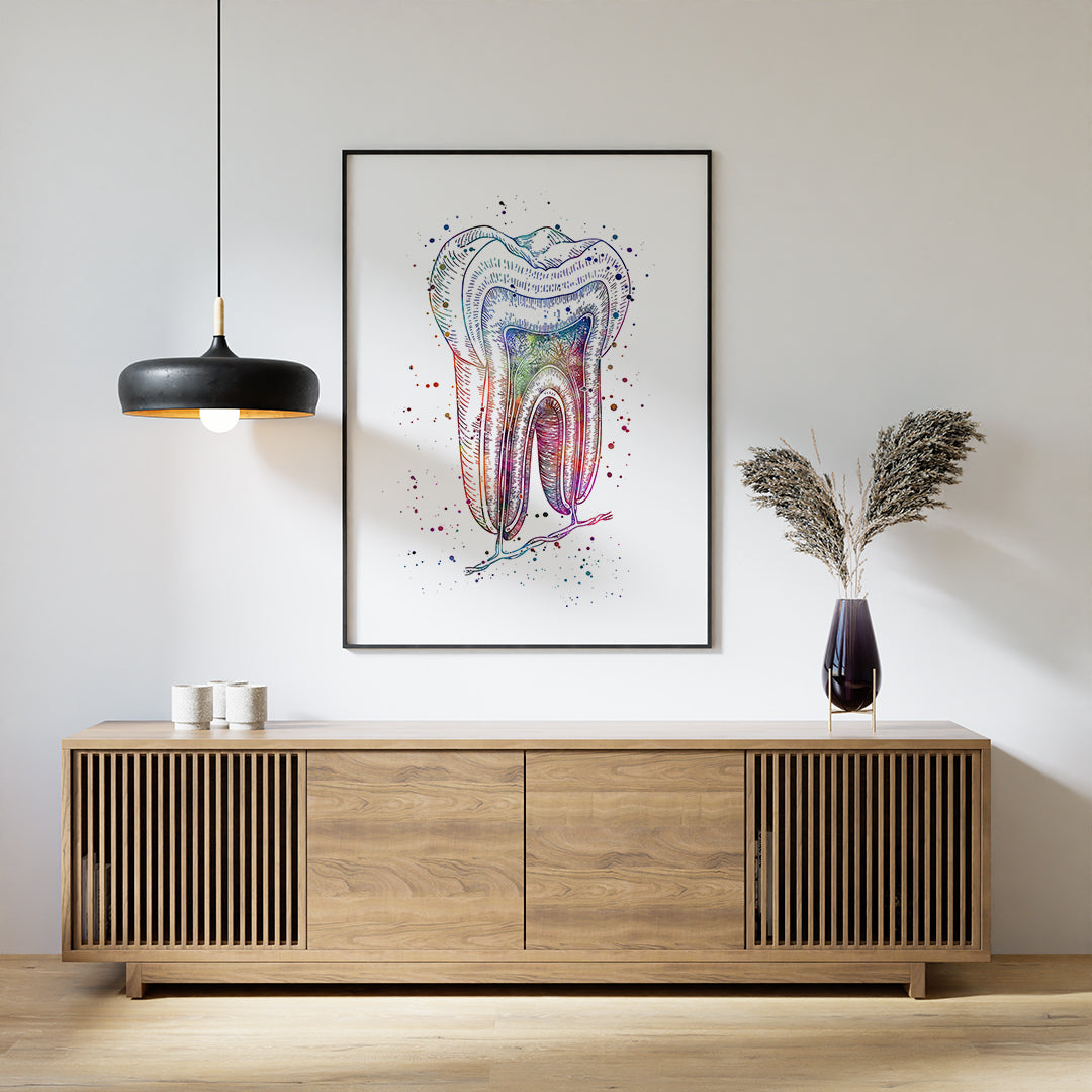 Anatomy-focused watercolor art print of a tooth for dental professionals