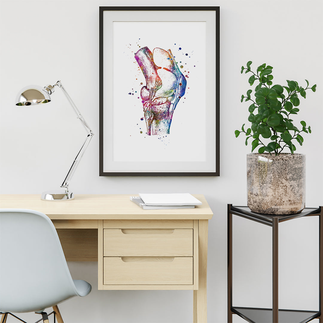 Watercolor artwork of knee joint anatomy, perfect for physical therapy spaces