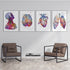 Multicolored anatomical art set of head, brain, heart, and lungs, printed on high-quality textured paper, perfect for medical decor