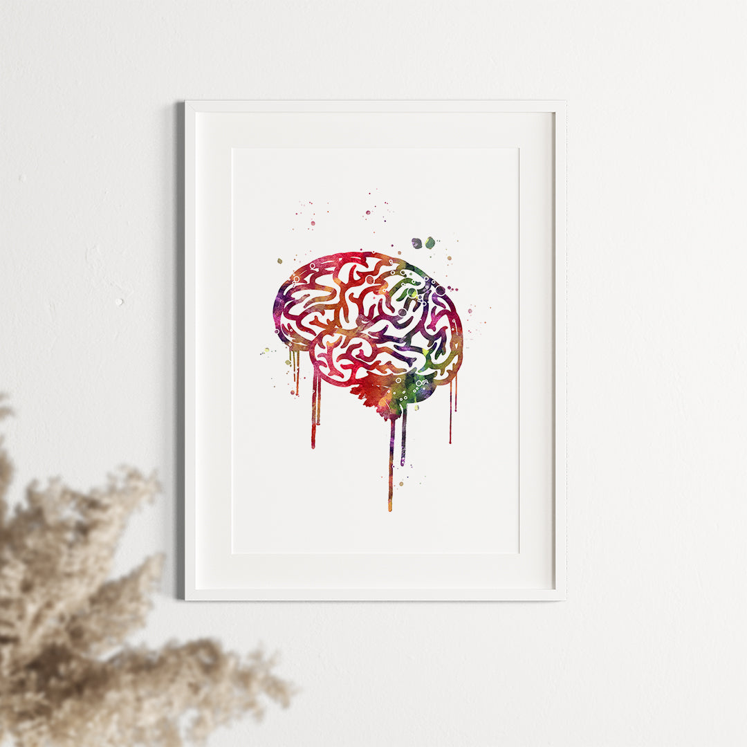 Colorful brain splash art in watercolor style, a lively addition for science enthusiasts and creative minds alike.