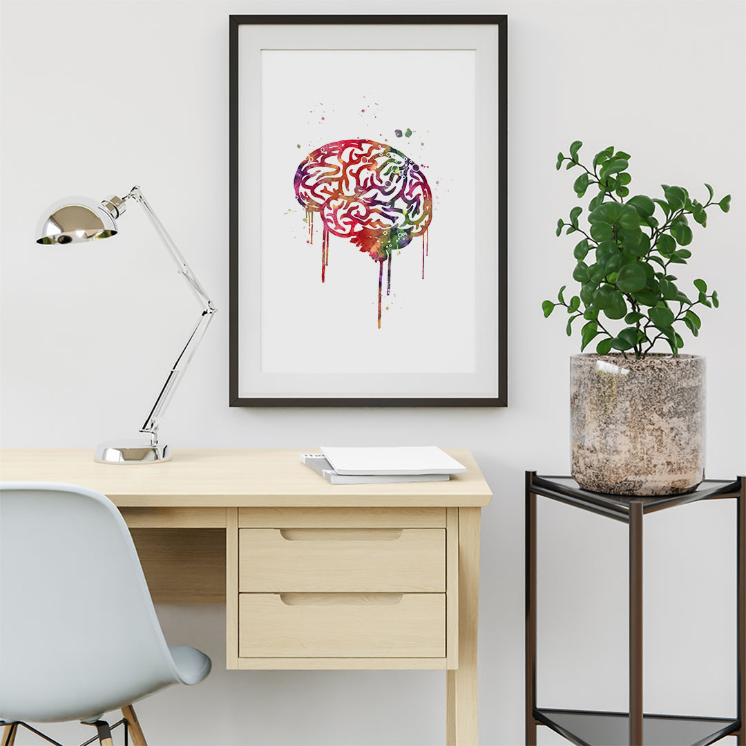 Modern brain art print with watercolor splashes, perfect for brightening medical offices or study spaces