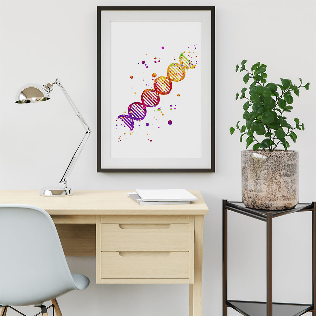 Colorful double helix DNA art print for educational and fun decor in labs, schools, or kids' rooms.