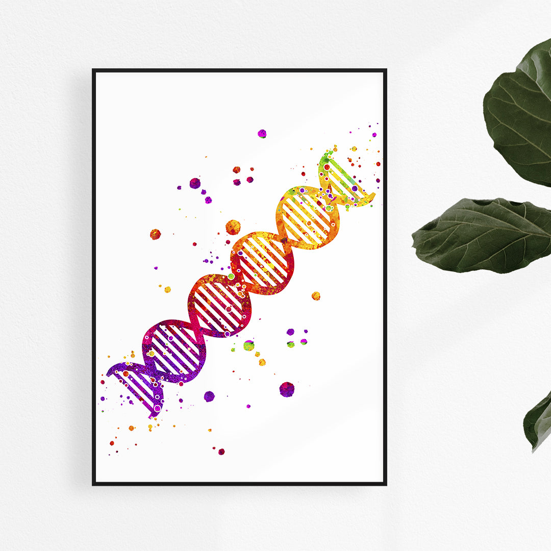 Vibrant DNA watercolor art print, perfect for kids’ rooms, classrooms, or colorful science-inspired spaces.