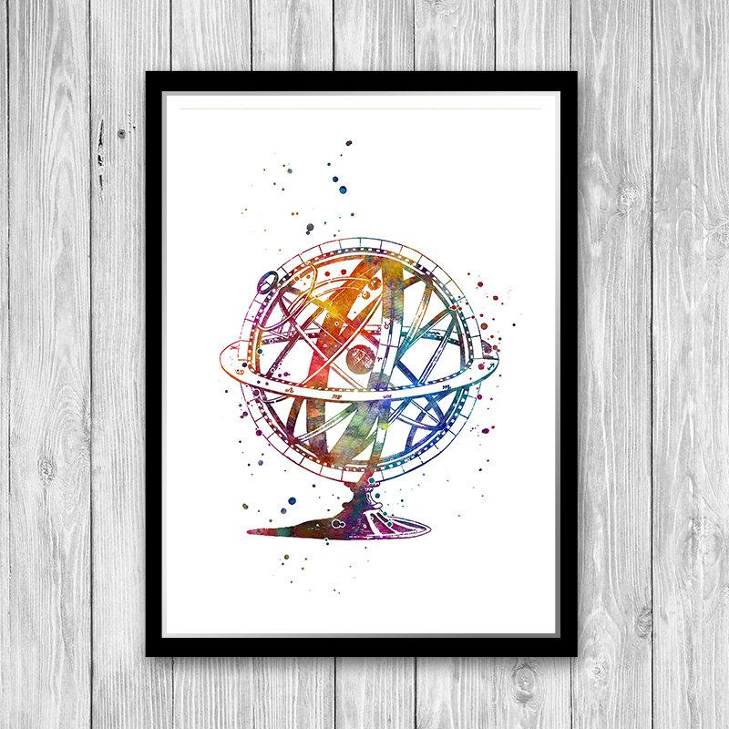 Astronomy Art Armillary Sphere Watercolor Print Science art