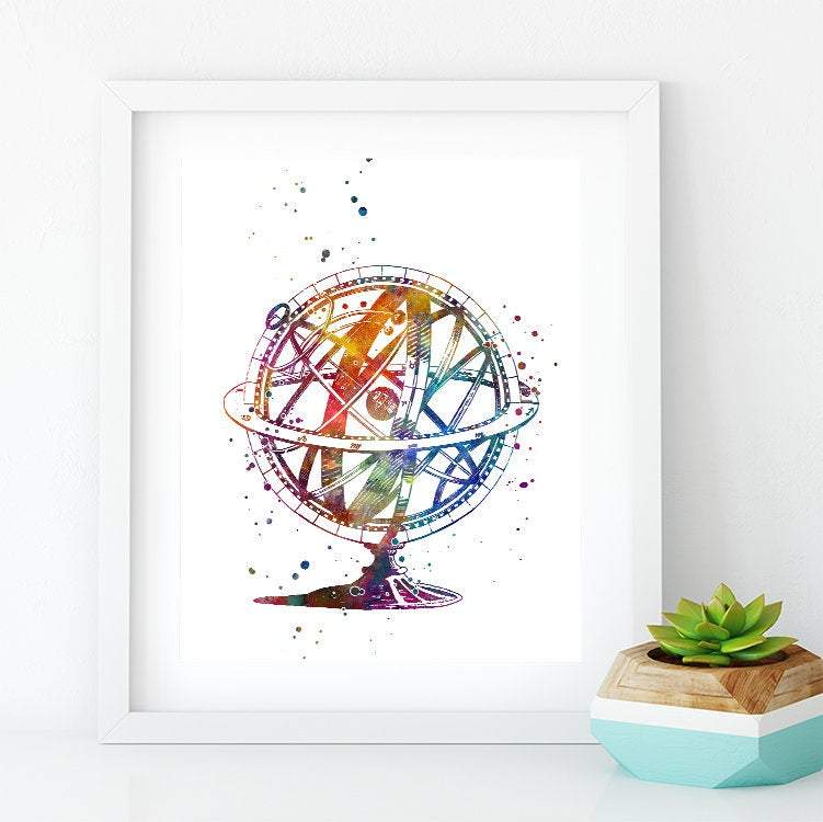 Astronomy Art Armillary Sphere Watercolor Print Science art