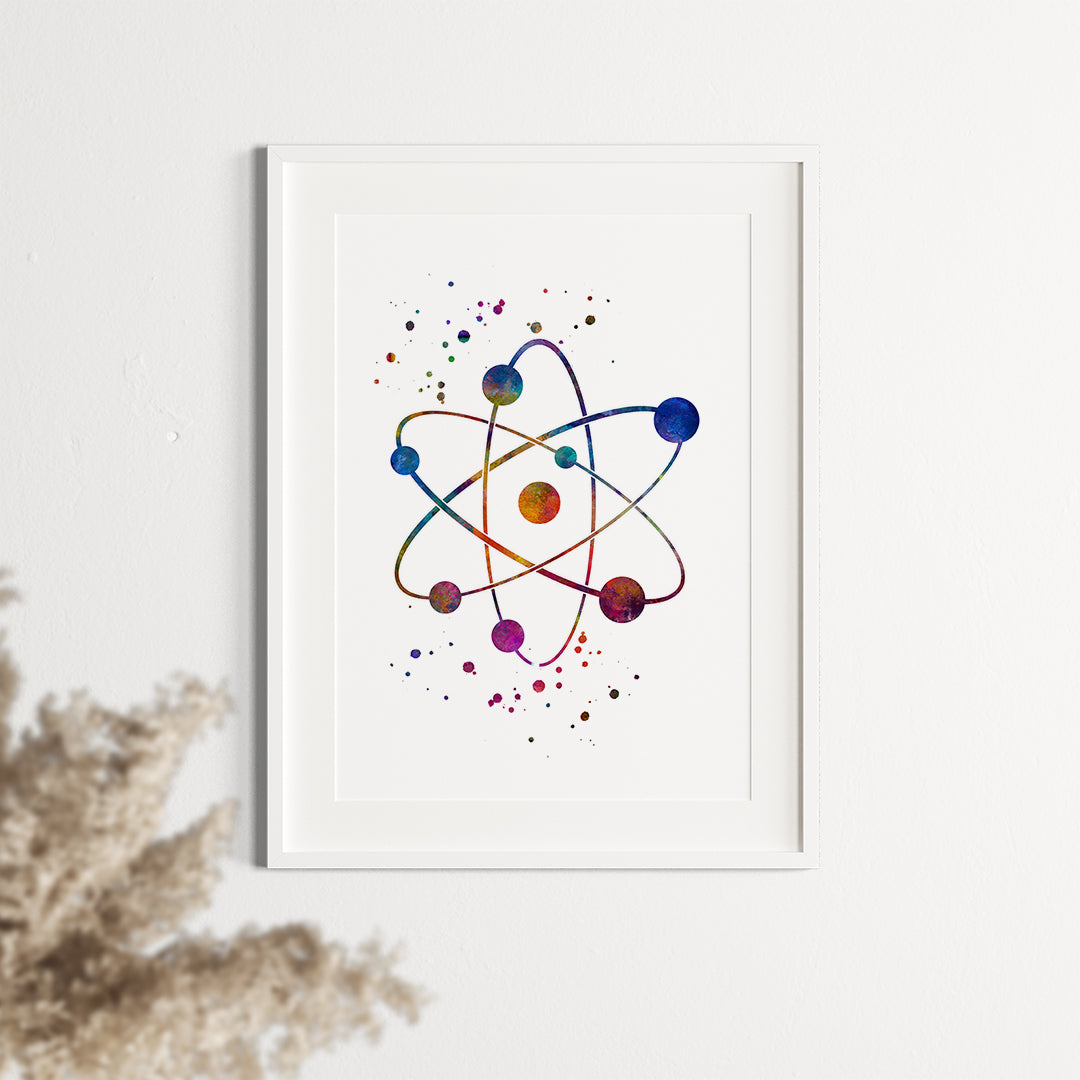 Colorful atom watercolor artwork for classrooms, labs, or kids' room decor.