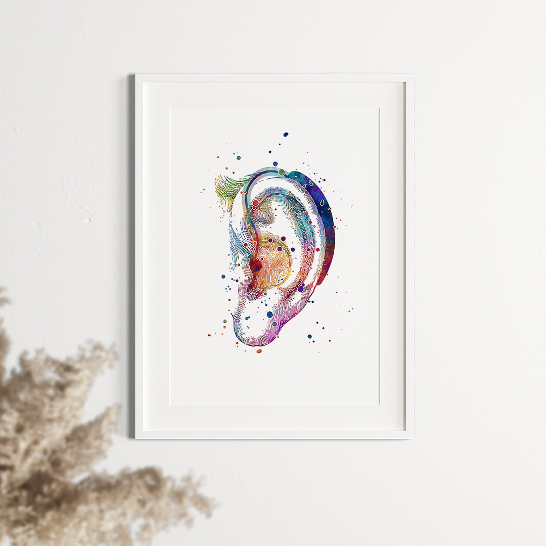 Watercolor art of a hearing aid, perfect as a gift for hearing aid specialists or audiologists' clinic wall decor.