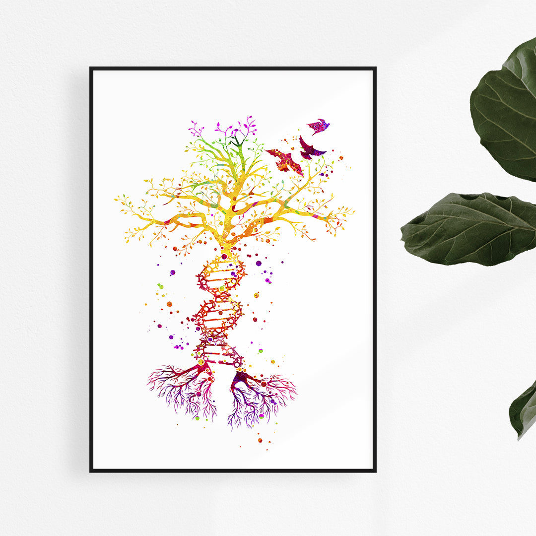 Vibrant DNA tree watercolor art print in yellow, orange, and red for science wall decor.