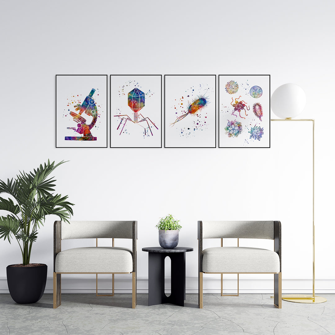 Detailed microbiology watercolor prints set of 4, vibrant scientific art, perfect for educational or professional spaces