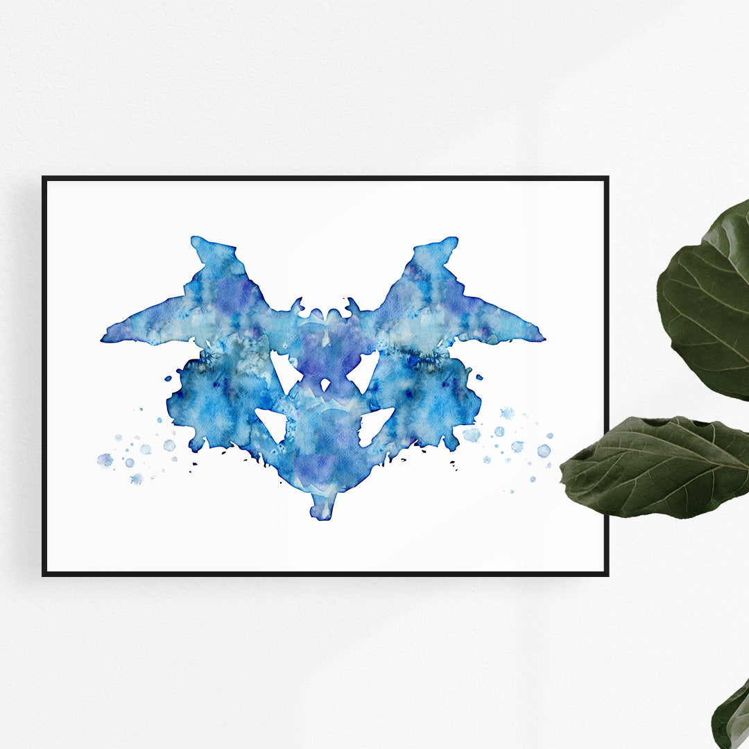 Blue watercolor Rorschach ink blot art print for psychology office decor