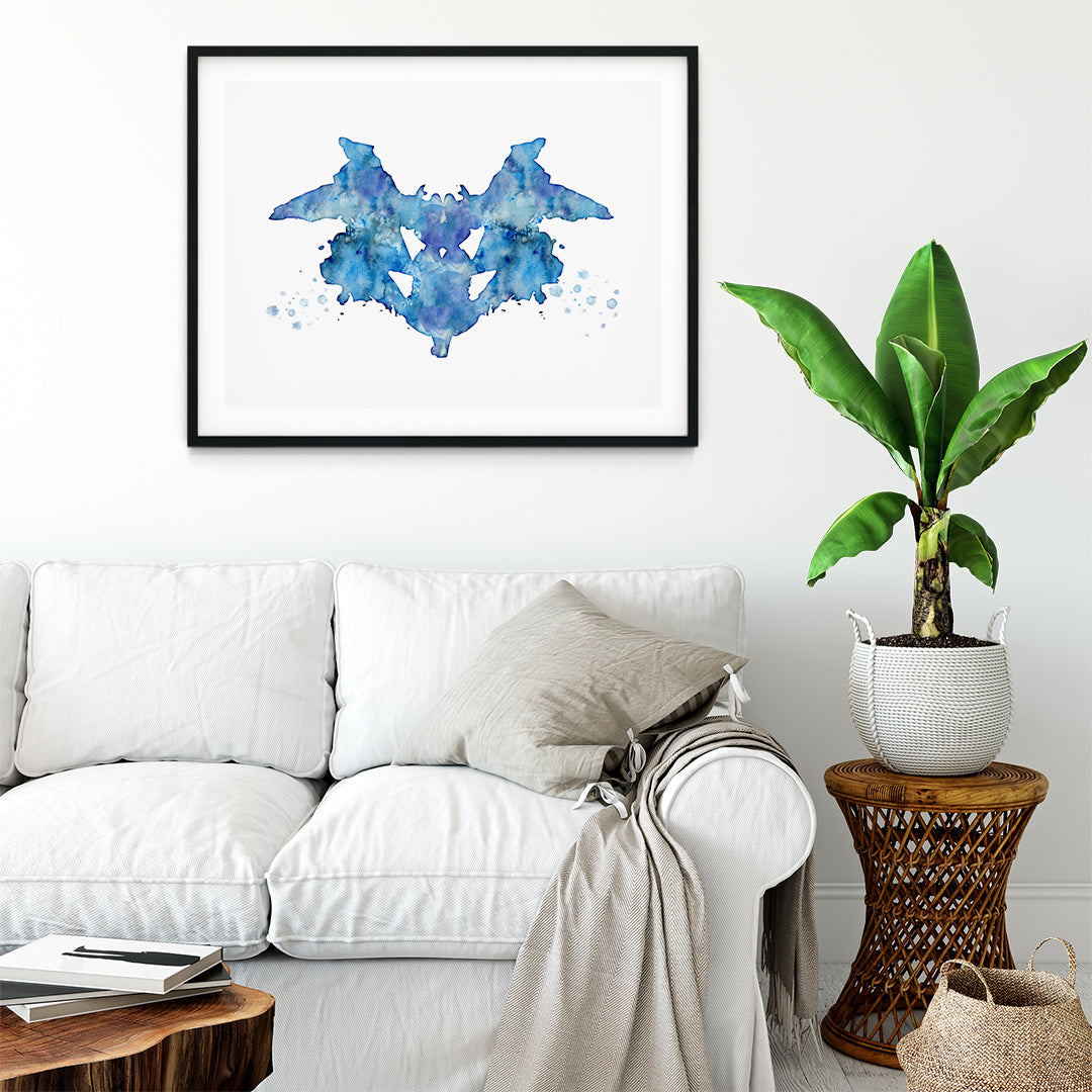 Blue Rorschach ink blot watercolor print, a thoughtful gift for psychology students