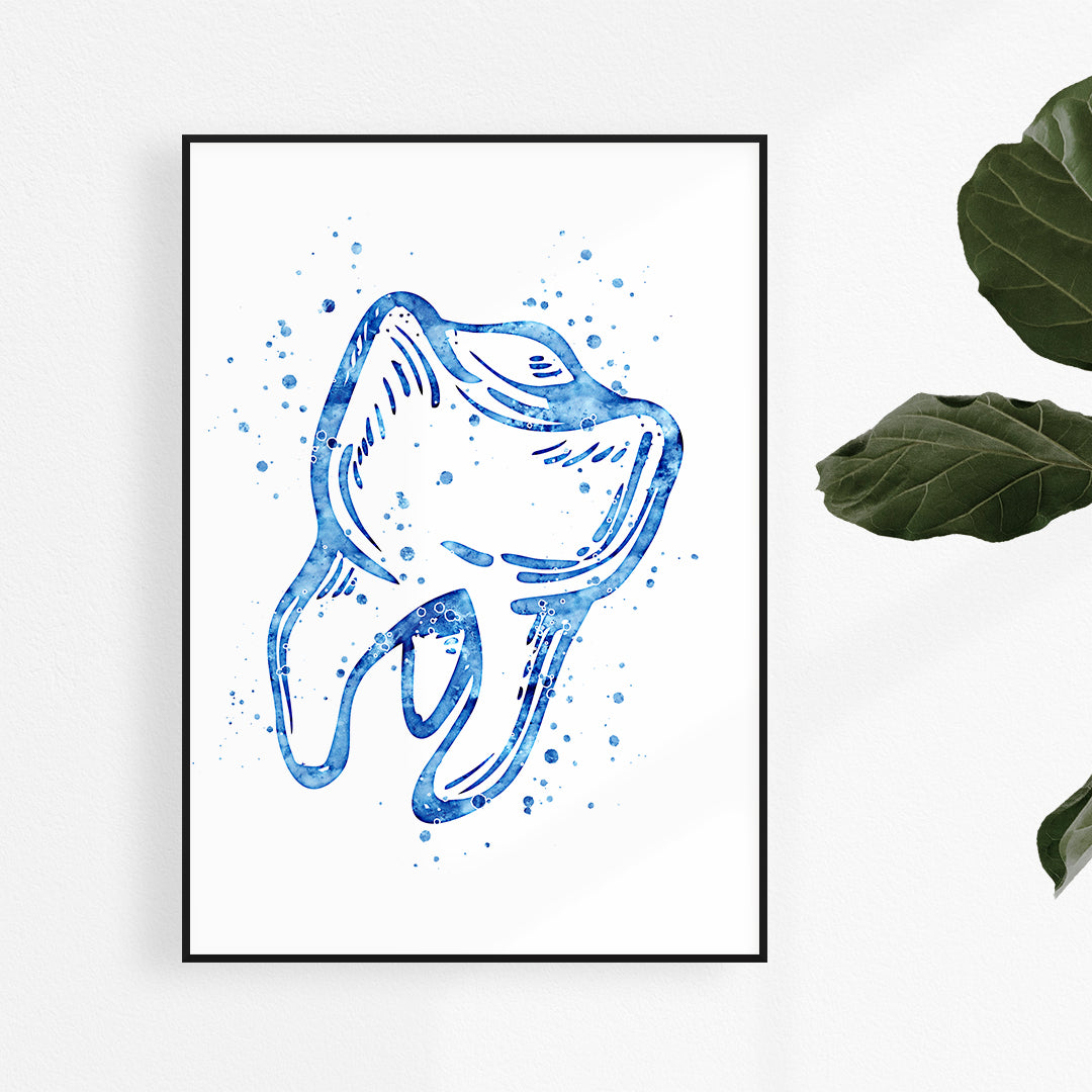 Tooth illustration watercolor art print for a kid-friendly dental decor