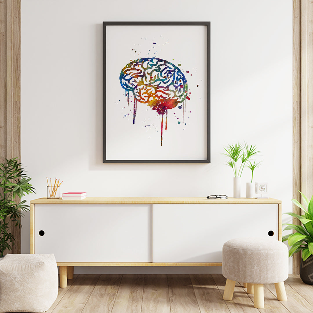 Beautiful brain watercolor illustration, a unique piece of neurology art for clinics and medical professionals.