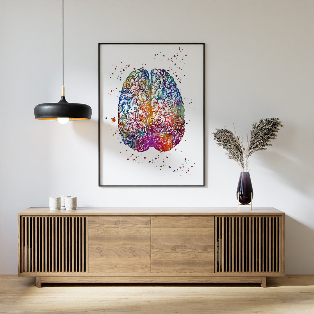 Educational brain anatomy print with vivid watercolor hues, perfect for classrooms or medical settings