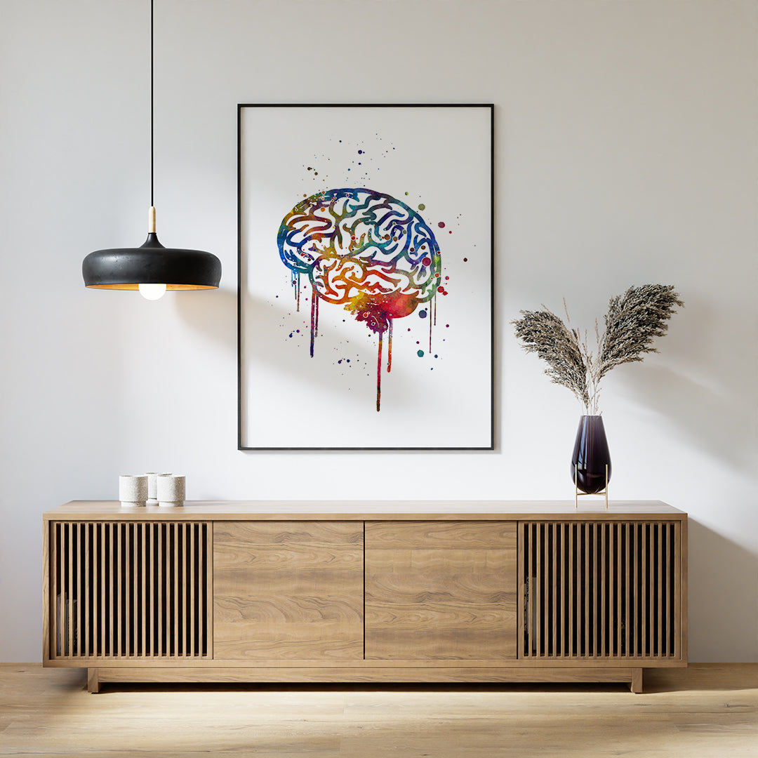 Detailed brain anatomy in vivid watercolor, great for medical office walls or neuroscience-themed decor.