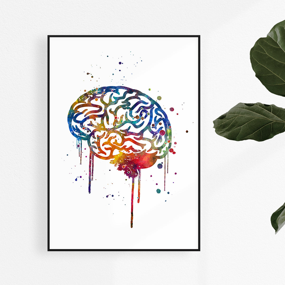 Colorful brain watercolor print, perfect neurology art for medical office decor or neuroscience enthusiasts.