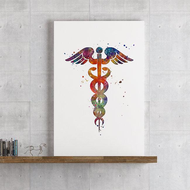 Caduceus Watercolor Print for Office Decor