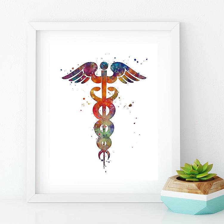 Caduceus Watercolor Print for Office Decor
