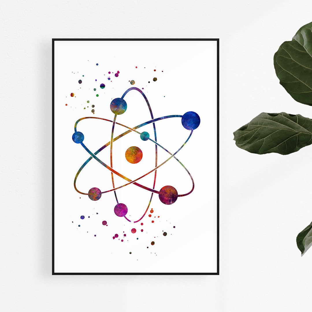 Vibrant watercolor atom art print, perfect for kids’ room wall decor or educational science spaces.