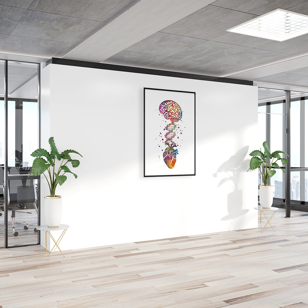 Multicolored heart and brain linked by DNA art print, on luxurious textured paper, ideal for medical offices and clinics.