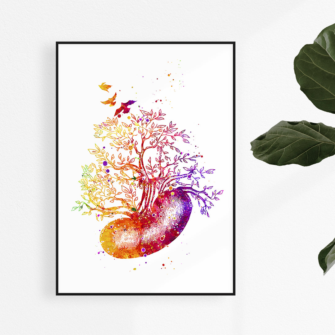 Kidney tree watercolor art print for medical office and clinic decor.