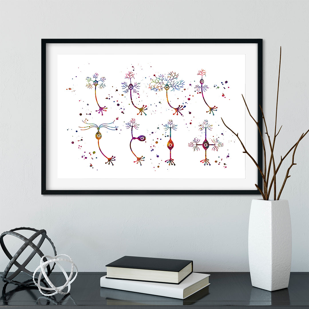 Types of neurons art print in bright watercolor hues, perfect for scientific and educational spaces.