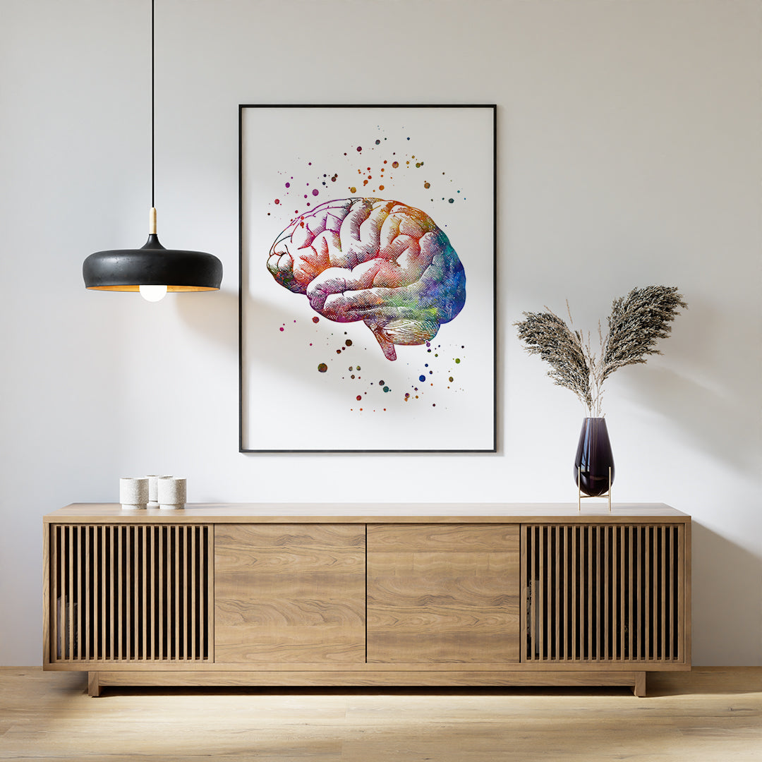 Detailed brain anatomy watercolor print, ideal for neurology clinics and neuroscience-inspired spaces.