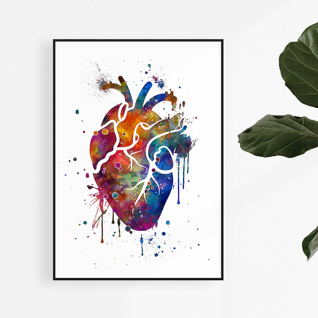 Multicolored human heart watercolor print on premium textured art paper, ideal gift for doctors, nurses, or medical students.