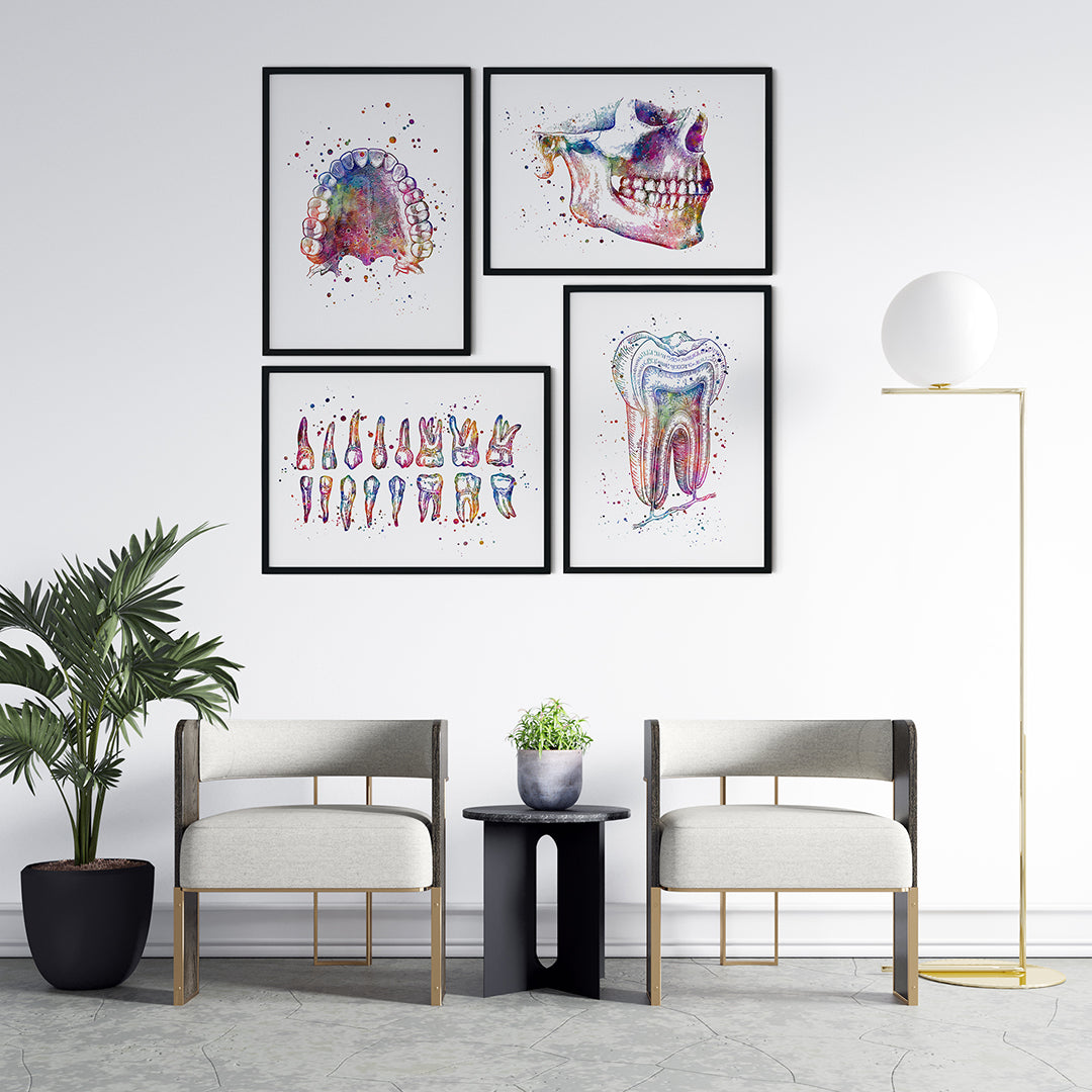 Colorful watercolor prints for dental office decor, set of 4 featuring tooth anatomy and dental tools.