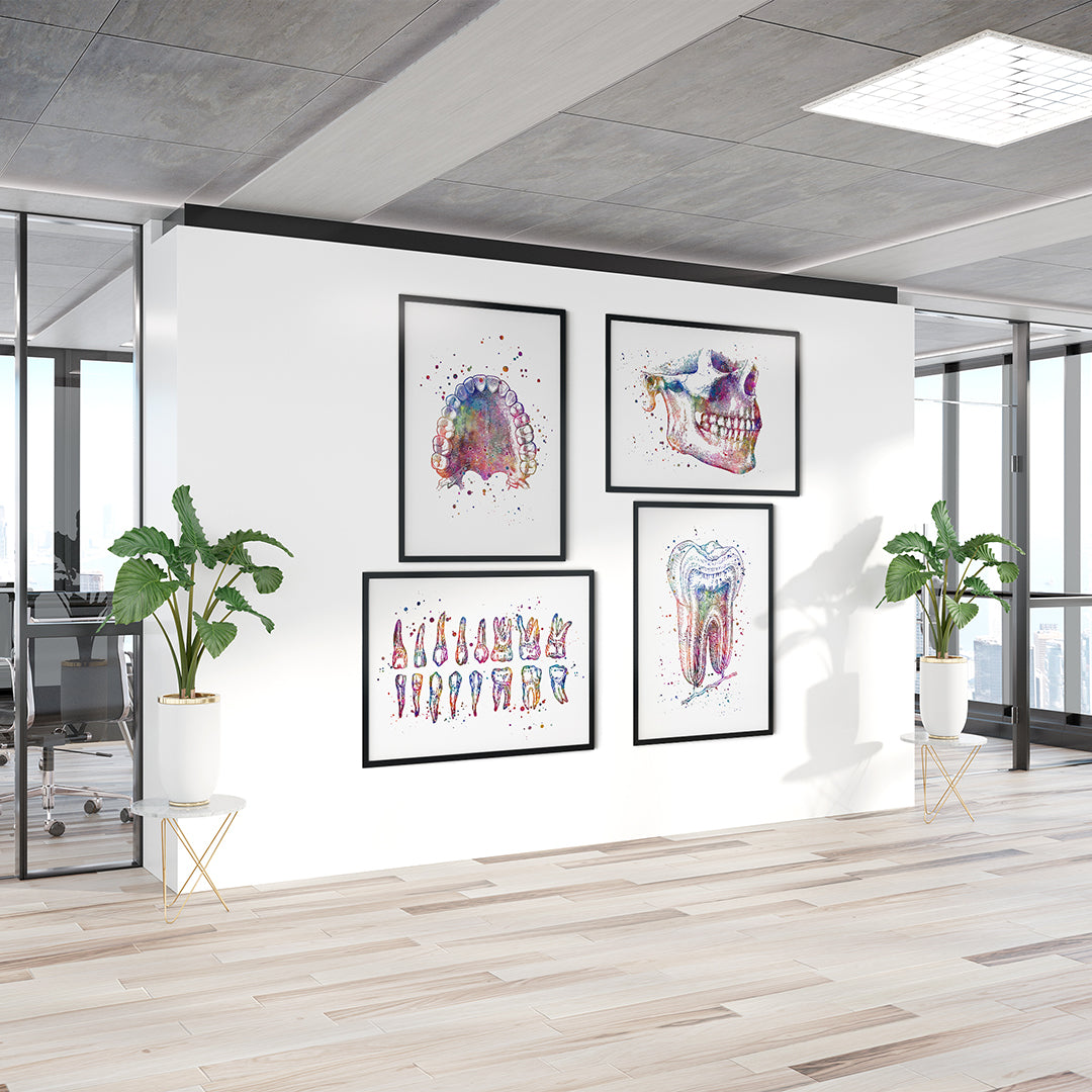 Dental-themed watercolor art set, ideal for decorating a dental clinic, printed on premium textured paper.