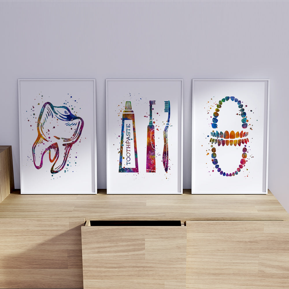 Dental-themed watercolor prints set of 3, ideal for brightening up dental hygienist offices and patient areas