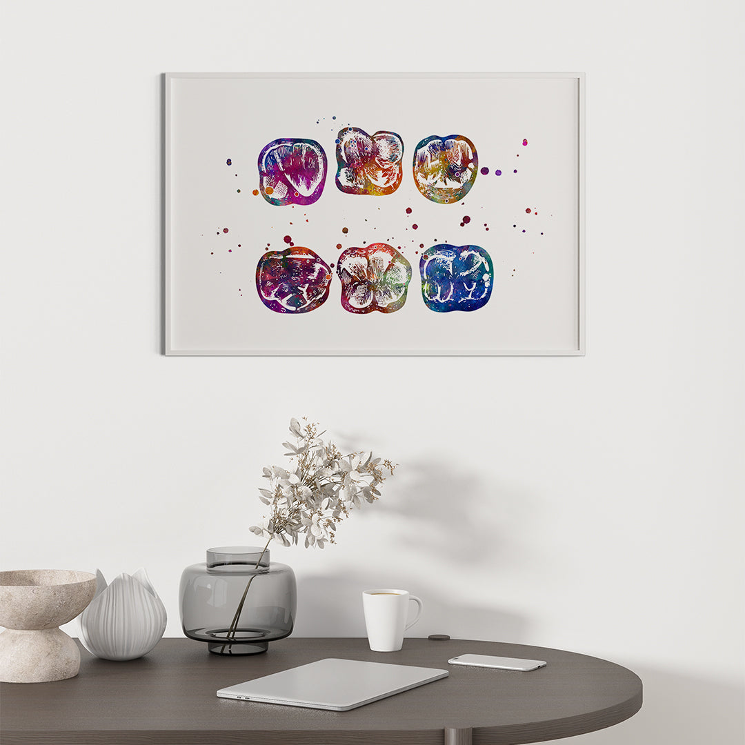 Molar tooth surface illustration in vibrant watercolor style, ideal for dental professionals