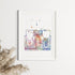 Artistic watercolor print featuring teeth and implant for modern dental decor