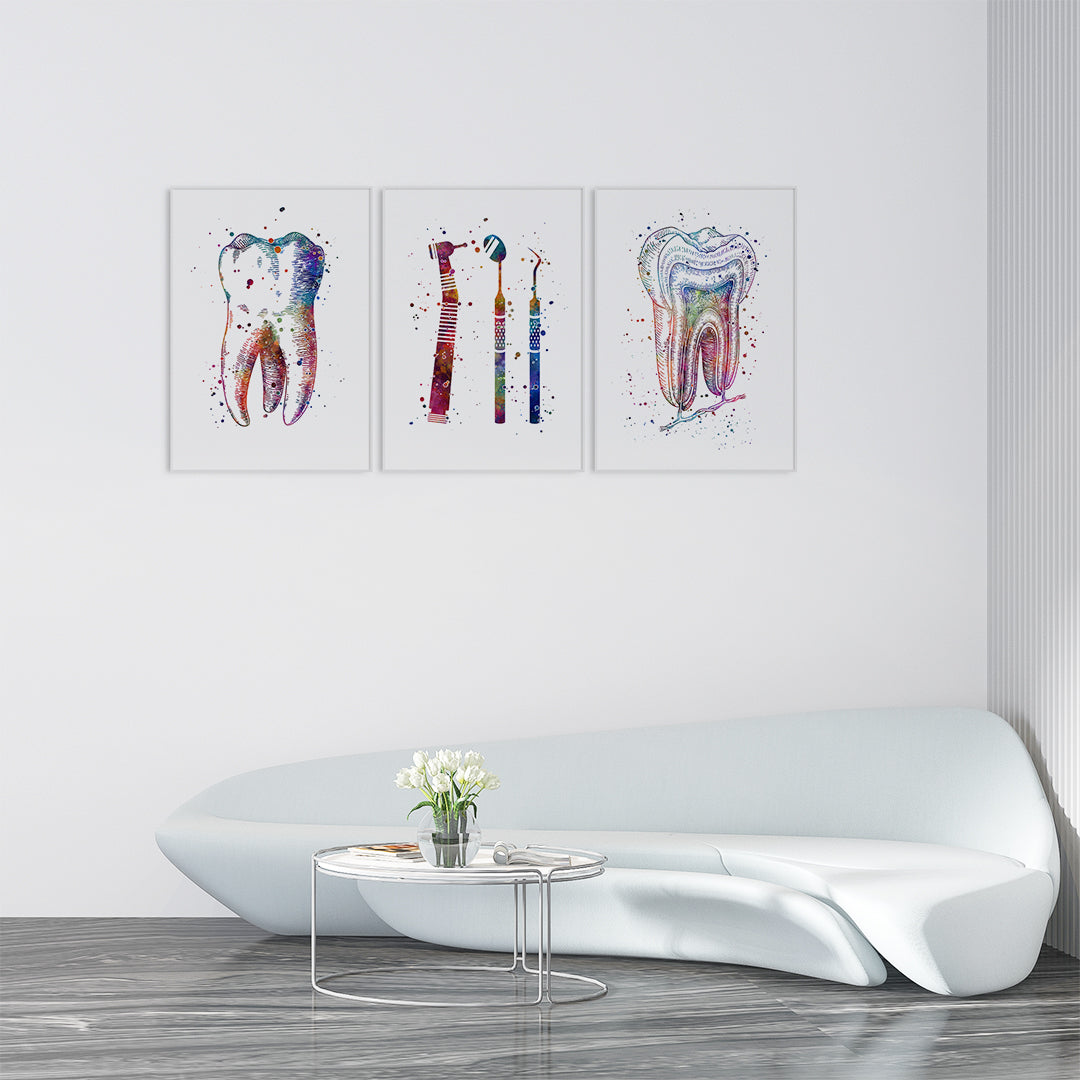 Colorful wall art trio with dental themes for clinic and waiting room decor.