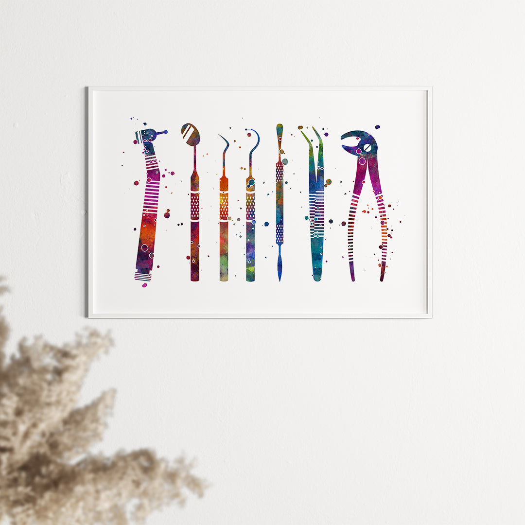 Colorful dental instruments art print for modern clinics.